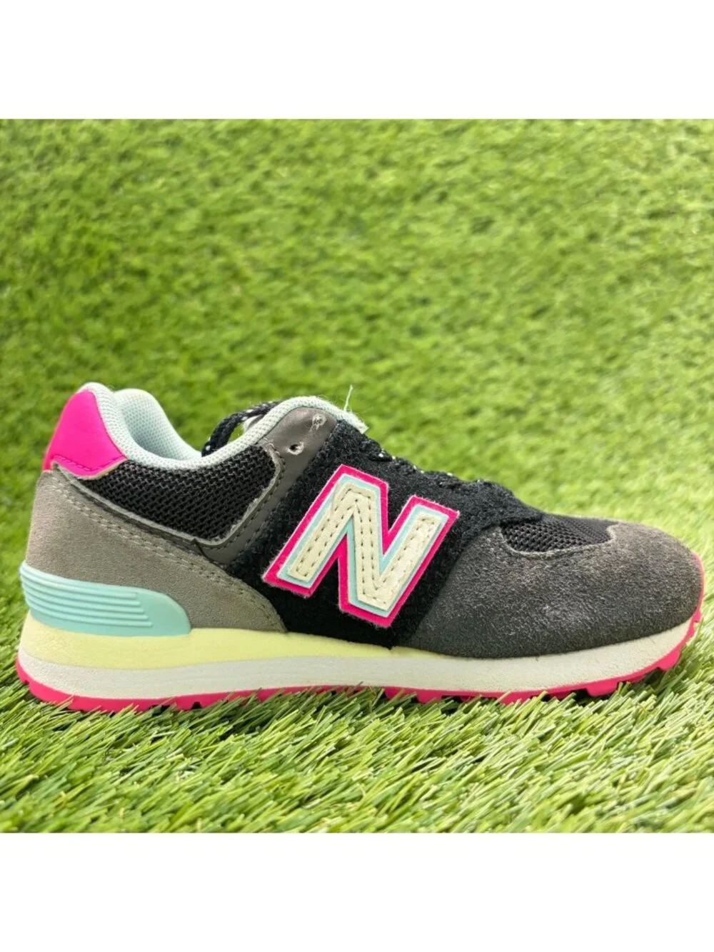 New Balance 574 Girls Size 11C Black Pink Blue Athletic Running Shoes Sneakers